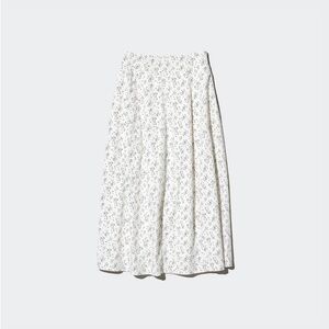UNIQLO Cotton Cocoon Midi Skirt Off White Floral Elastic Waist M